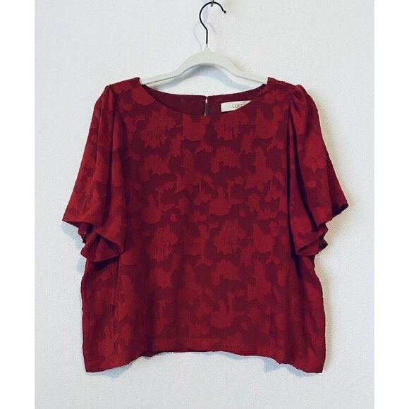 LOFT Tops - LOFT Top Womens Large Burnout Floral Short Sleeve Red Flowy Boho Cottagecore